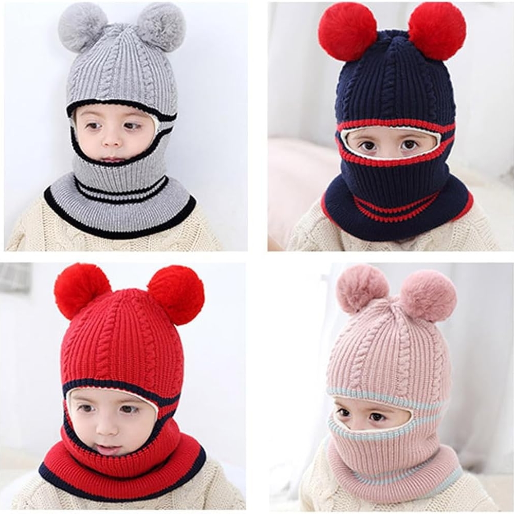 NEW Baby and Kids Head,Ear and Neck Cozy Warm Knit Winter Hat with Pom Poms